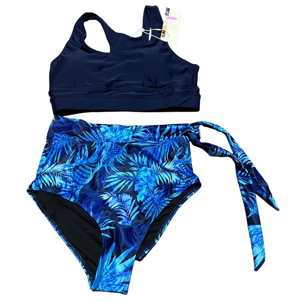 Dokotoo Womens Navy Blue Tropical Palm High Waisted Bikini Set Size M New